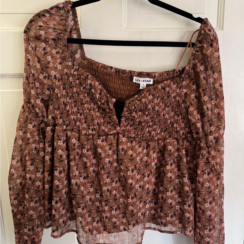 Lily Star Women's Brown Floral Blouse